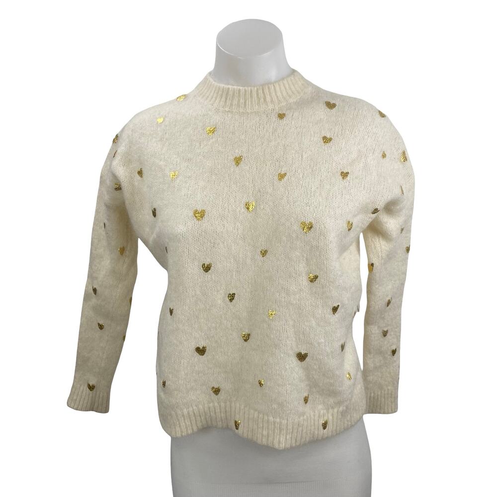 SEZANE Cinta Women's Cream Wool Gold Heart Long Sleeve Sweatshirt Sweater Top M